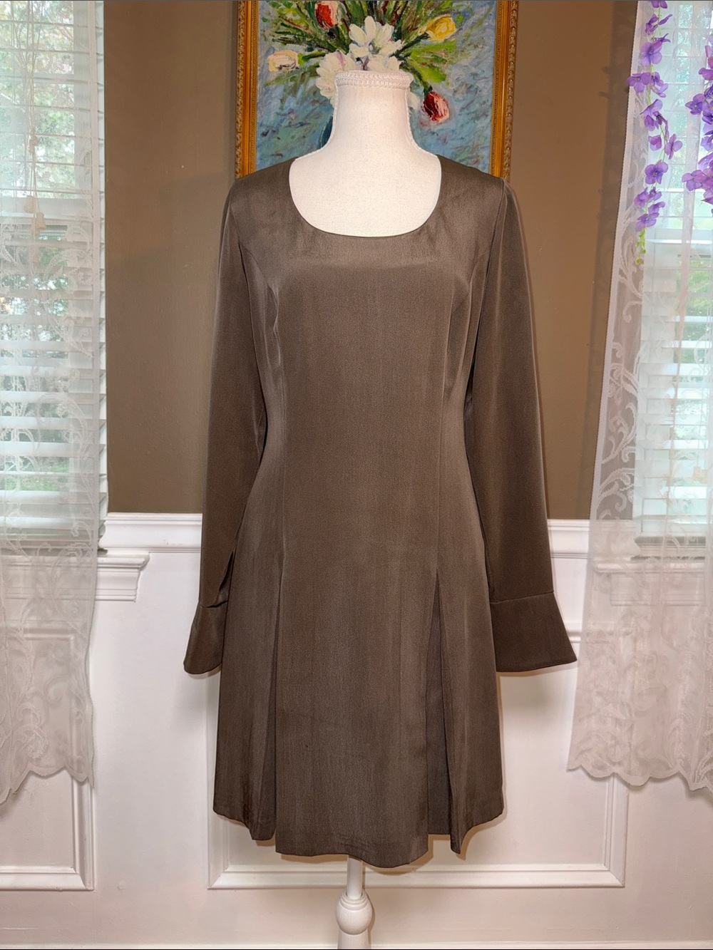 Vintage Anne Klein II 100% Silk Brown Mini Dress Size 6 80s 90s